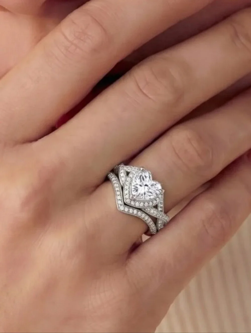 Classic Silver Bridal Ring Set with White Center Stone